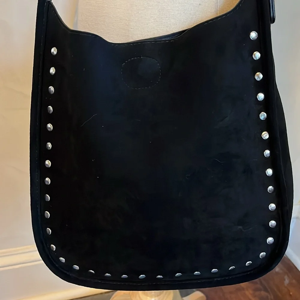 Ah-dorned Black Faux Suede cross body Bag w/silver studs & strap 11”x12”x3”